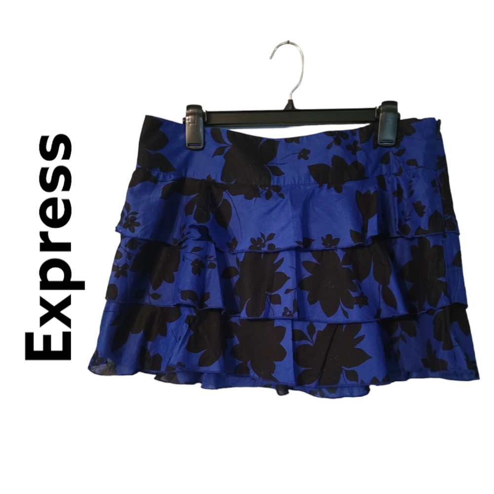 Express Women's Ruffle Floral Blue and Black Tiered Skirt Sz10